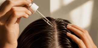 Close-up of a scalp serum dropper being applied to the parting of healthy, glossy hair in natural light.