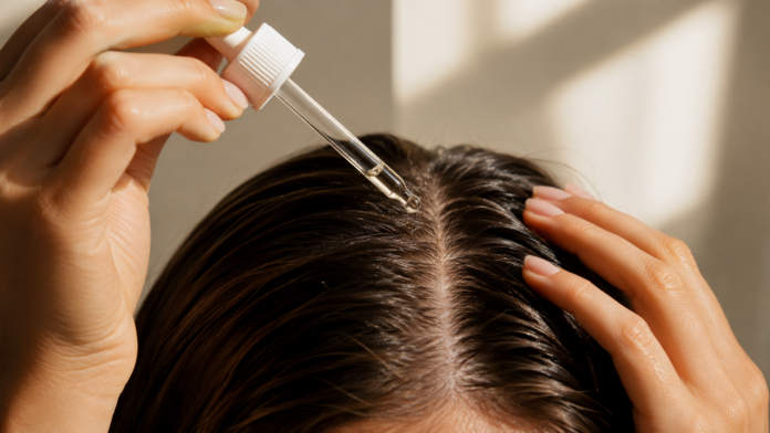 Scalp Care Routine Hair Health Tips 2026 Close-up of a scalp serum dropper being applied to the parting of healthy, glossy hair in natural light.