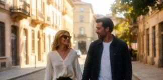 Sienna Miller’s Engagement and Family Life Are Redefining Love Later in Life Couple walking through a sunlit European city street hand in hand wearing casual chic fashion.