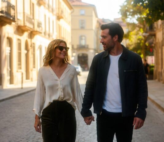 Sienna Miller’s Engagement and Family Life Are Redefining Love Later in Life Couple walking through a sunlit European city street hand in hand wearing casual chic fashion.