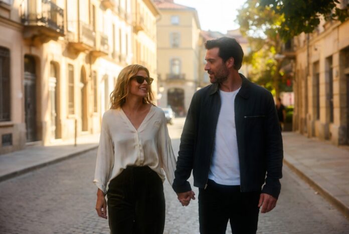 Couple walking through a sunlit European city street hand in hand wearing casual chic fashion.