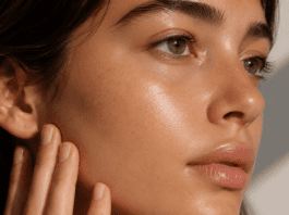Close-up of glowing, well-hydrated skin with a lightweight ceramide product in soft natural light.
