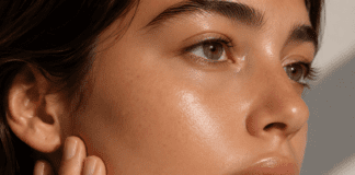 Close-up of glowing, well-hydrated skin with a lightweight ceramide product in soft natural light.
