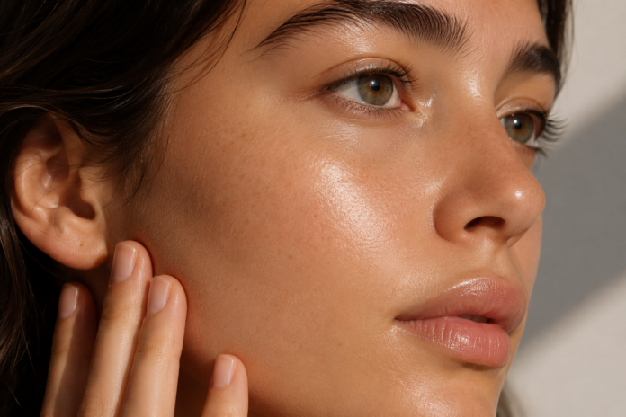 Close-up of glowing, well-hydrated skin with a lightweight ceramide product in soft natural light.