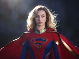 Supergirl Is About to Become DC’s Next Breakout Star Milly Alcock as Supergirl in the 2026 DC Studios film, in her red and blue suit against a cosmic backdrop.