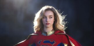 Supergirl Is About to Become DC’s Next Breakout Star Milly Alcock as Supergirl in the 2026 DC Studios film, in her red and blue suit against a cosmic backdrop.