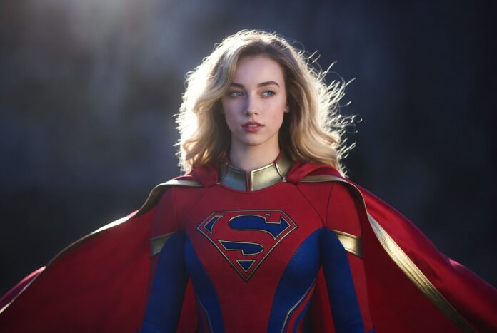 Supergirl 2026 Milly Alcock DC Universe Kara Zor-El Milly Alcock as Supergirl in the 2026 DC Studios film, in her red and blue suit against a cosmic backdrop.