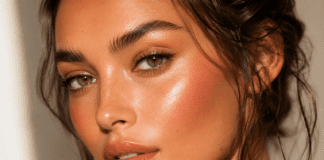 A close-up of a model with soft sculpted glowing skin and a dewy cream blush flush in warm natural light