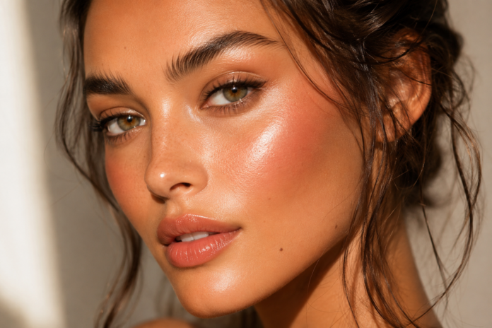 Ta Makeup Soft Sculpted Glow Summer 2026 A close-up of a model with soft sculpted glowing skin and a dewy cream blush flush in warm natural light