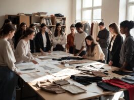 Fashion design students reviewing sketches and textile samples in a bright studio setting.