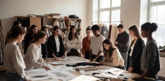 Fashion design students reviewing sketches and textile samples in a bright studio setting.