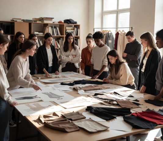 Fashion design students reviewing sketches and textile samples in a bright studio setting.