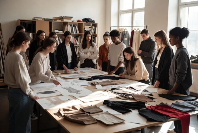 Fashion design students reviewing sketches and textile samples in a bright studio setting.