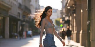 Utility Dressing Meets Coastal Chic – The New Street Style Formula Everyone Is Wearing Woman in ocean-blue wide-leg cargo pants and a sheer layered top walking on a sunlit city street.