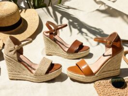 Wedge sandals styled with modern summer fashion and vacation-inspired clothing