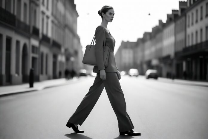 Corporate Core Fashion 2026 — The Office Siren Trend Replacing Streetwear Woman in a perfectly tailored monochrome collarless blazer suit and pointed-toe loafers on a European street representing the corporate core fashion and office siren trend replacing streetwear among luxury fashion influencers in 2026