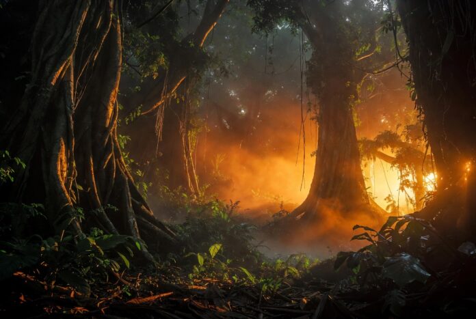 Dramatic tropical jungle landscape at dusk evoking the visual spectacle of Jurassic World Rebirth the 2025 Scarlett Johansson-led blockbuster that earned 869 million dollars worldwide and became the biggest dinosaur adventure film of the summer movie season