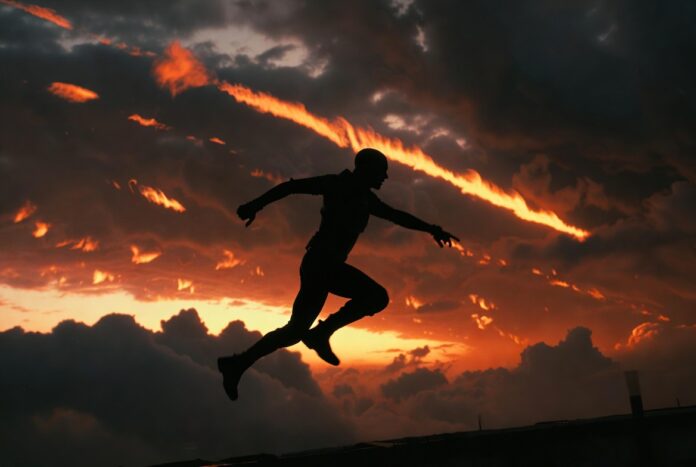 Cinematic action silhouette against dramatic sky representing Mission Impossible Final Reckoning the franchise-record summer blockbuster that earned a $77 million domestic opening and $506 million global total