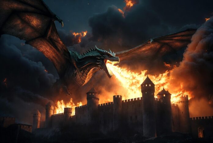 Dragon breathing fire over a medieval fortress at night with cinematic flames and dramatic smoke.