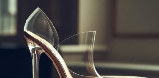 Close-up editorial shot of a sculptural open-toe luxury pump with transparent polymer strap and stiletto heel representing the Valentino Garavani Open Toe Révélé Suede Pumps 105mm worn by Tyla at the 2026 Met Gala and Hailey Bieber promoting Rhode as the viral luxury fashion controversy of 2026