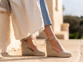 Woman wearing natural raffia wedge espadrilles in Mediterranean coastal light representing the wedge espadrilles 2026 trend and Princess Diana fashion royal style inspiration behind summer shoe trends 2026