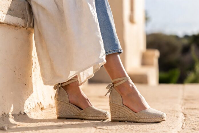 Woman wearing natural raffia wedge espadrilles in Mediterranean coastal light representing the wedge espadrilles 2026 trend and Princess Diana fashion royal style inspiration behind summer shoe trends 2026