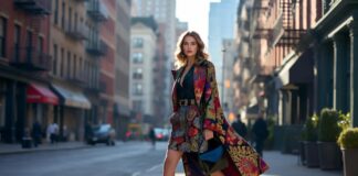 A stylish woman in a bold designer outfit and statement heels walking a New York City street