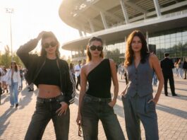 Three luxury-inspired stadium outfits combine sporty layering, Y2K denim, and tailored separates outside a football stadium.
