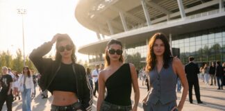 World Cup Celebrity Style Turns Sport Into Fashion Three luxury-inspired stadium outfits combine sporty layering, Y2K denim, and tailored separates outside a football stadium.