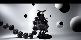 Surreal clown-inspired couture gown on a dark Paris runway with sculptural volume