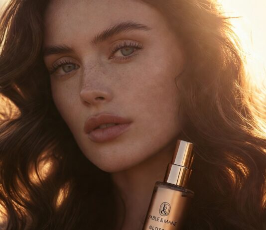 Fable & Mane Hair Oil Bottles Summer’s Golden Hour Trend A model with glossy softly waved hair holds Fable & Mane styling oil in warm golden-hour light.