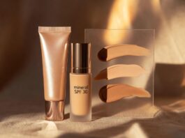 Glowy tinted moisturizer and SPF beauty flat lay in warm summer light with sheer skin swatches