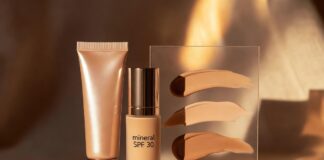 Glowy tinted moisturizer and SPF beauty flat lay in warm summer light with sheer skin swatches