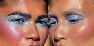 Icy Blue Eyeshadow Is Summer 2026’s New Celebrity Trend Model wears sheer icy blue and lavender eyeshadow with warm bronzed skin and a glossy neutral lip