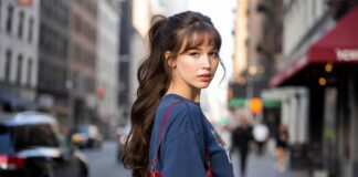 Jennifer Lawrence with deep brunette hair, soft bangs and a loose ponytail on a sunlit New York street