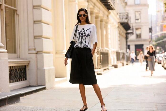 Oversized T-Shirt Trend for Summer 2026 Oversized graphic T-shirt paired with tailored Bermuda shorts and slim sandals for an easy summer silhouette