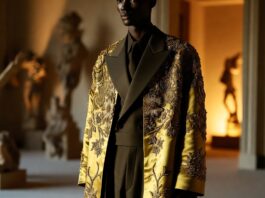 Sarah Burton Givenchy: Her First Menswear Debut Arrives in Paris A model in sharp Givenchy tailoring and an embroidered floral coat at a Paris menswear presentation (