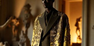 Sarah Burton Givenchy: Her First Menswear Debut Arrives in Paris A model in sharp Givenchy tailoring and an embroidered floral coat at a Paris menswear presentation (