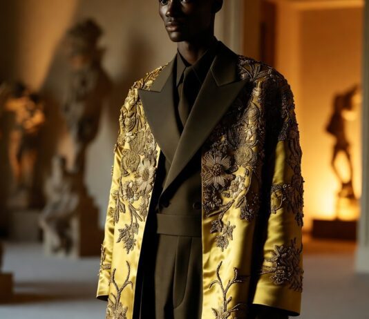 A model in sharp Givenchy tailoring and an embroidered floral coat at a Paris menswear presentation (
