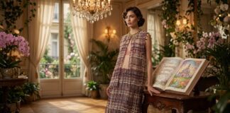 Chanel Fall 2026 Couture Turns Coco’s Library Into a Storybook Fashion Fantasy Storybook couture gown in a Paris salon with tweed textures and soft fairy-tale lighting