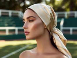 Stylish spectator in ivory headscarf and soft polished makeup courtside at a summer tennis tournament