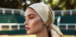 Stylish spectator in ivory headscarf and soft polished makeup courtside at a summer tennis tournament