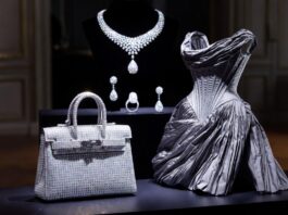 Diamond-covered white-gold miniature Birkin beside grey couture inspired by Isha Ambani’s Paris appearance