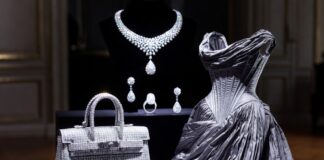 Diamond-covered white-gold miniature Birkin beside grey couture inspired by Isha Ambani’s Paris appearance